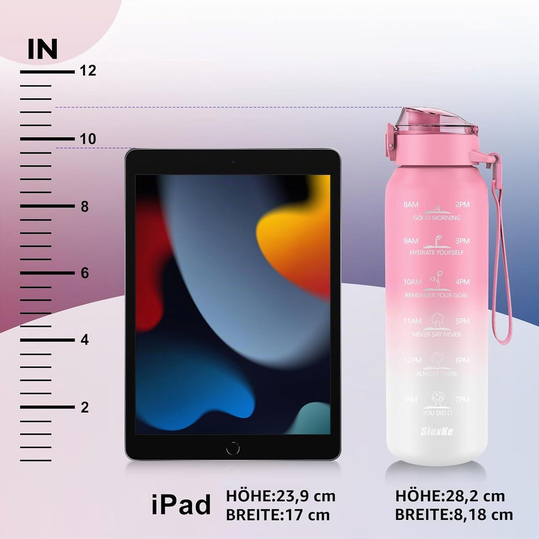 SLUXKE Trinkflasche Edelstahl 1000ml mit 2Deckel（Strohhalm&amp; no Strohhalm, [18/10 Edelstahl] 1Liter T