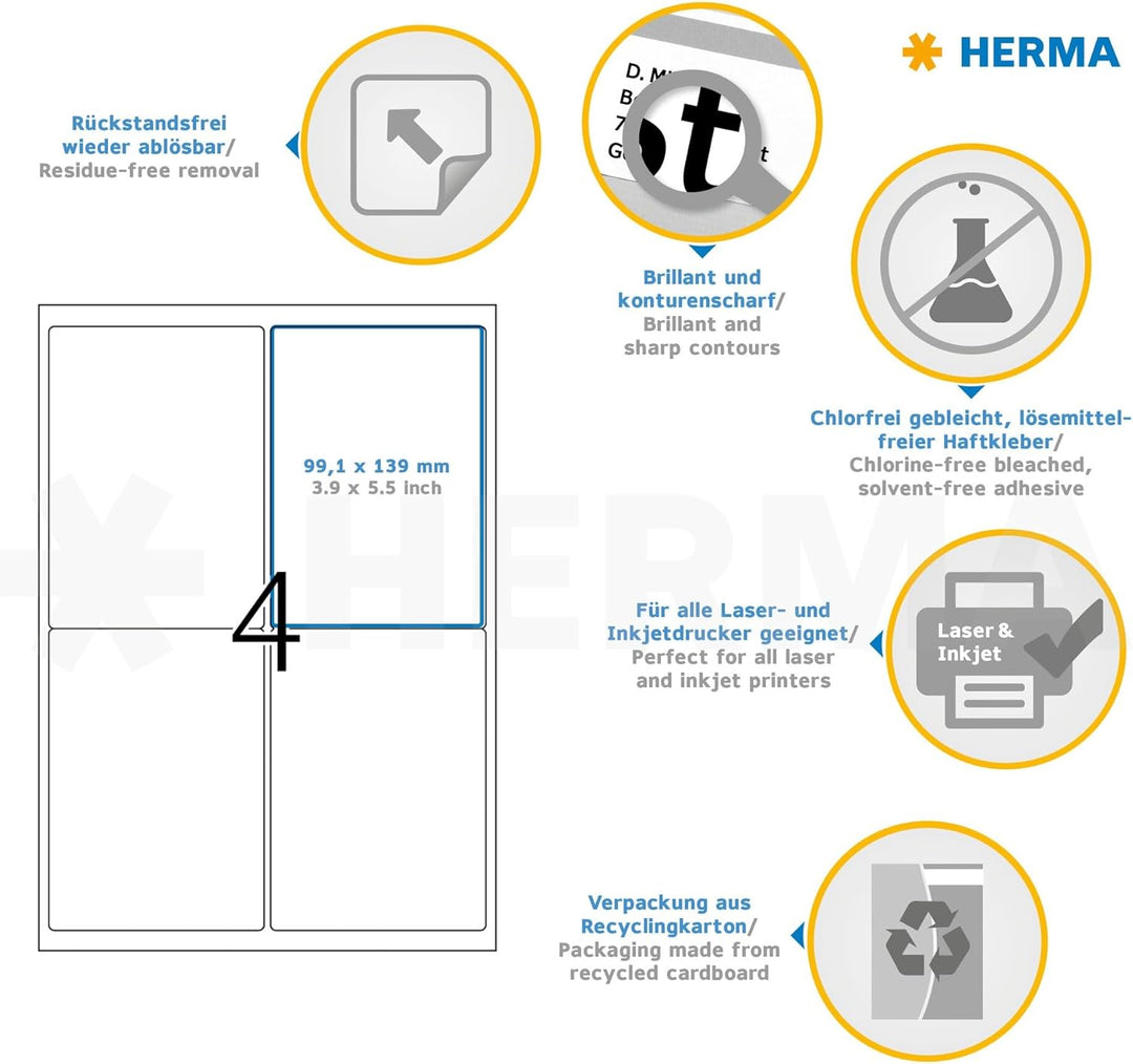 HERMA 10313 Universal Etiketten blickdicht ablösbar, 100 Blatt, 99,1 x 139 mm, 4 Stück pro A4 Bogen,