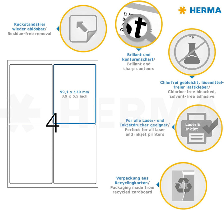 HERMA 10313 Universal Etiketten blickdicht ablösbar, 100 Blatt, 99,1 x 139 mm, 4 Stück pro A4 Bogen,