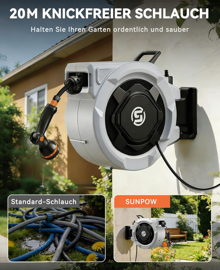 SUNPOW Schlauchtrommel Wandmontage 20 m Gartenschlauch 16 mm – Automatischer Schlauchaufroller mit A