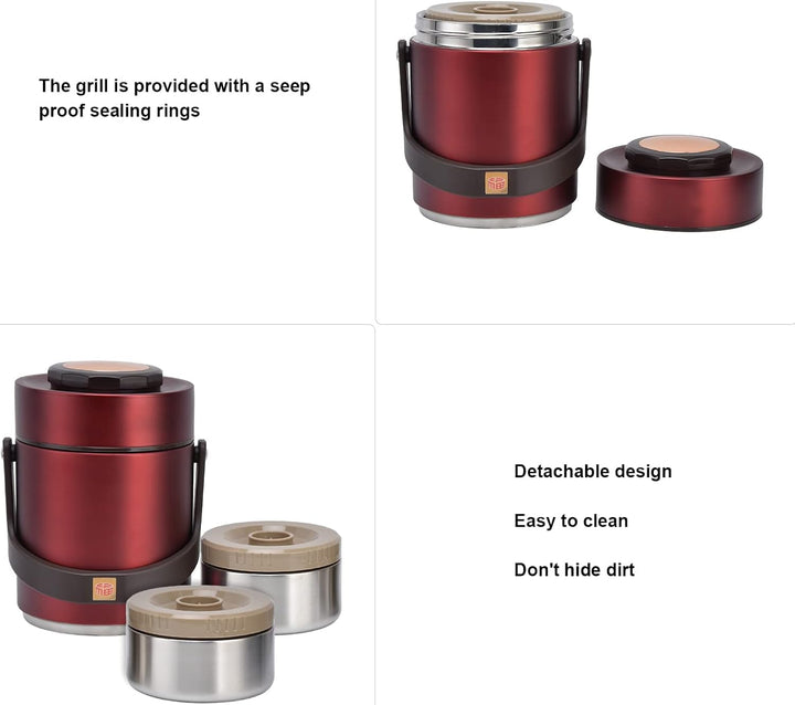 Jenngaoo Vakuum Lunchbox 1500ml 2-stöckig, Edelstahl Isolierbehälter Rot, Rot
