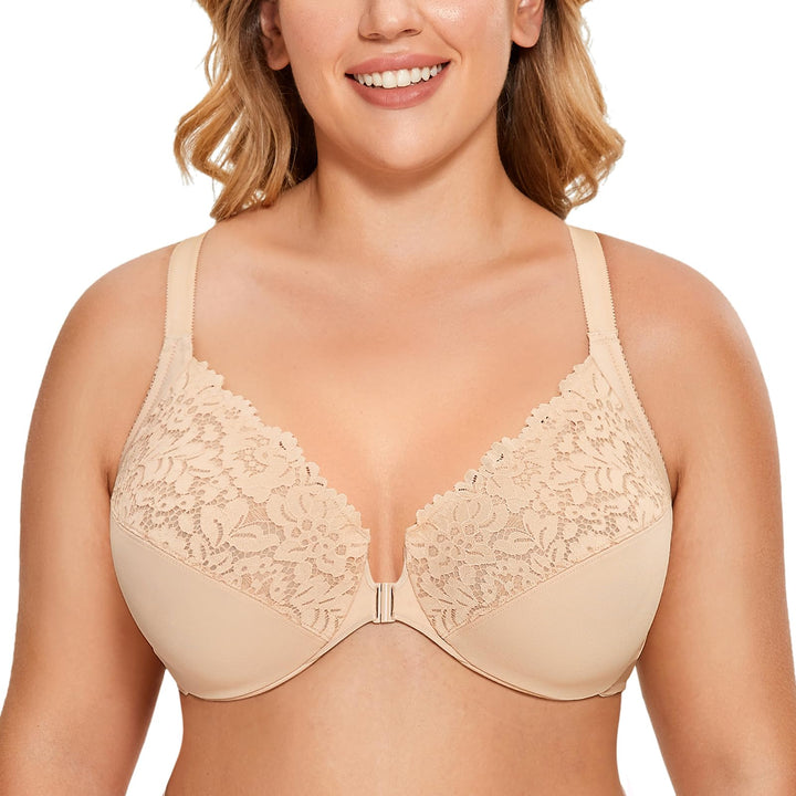 DELIMIRA Damen Vorderverschluss BH mit Bügel Vollständige Abdeckung Grosse Grössen 75B Beige, 75B Be