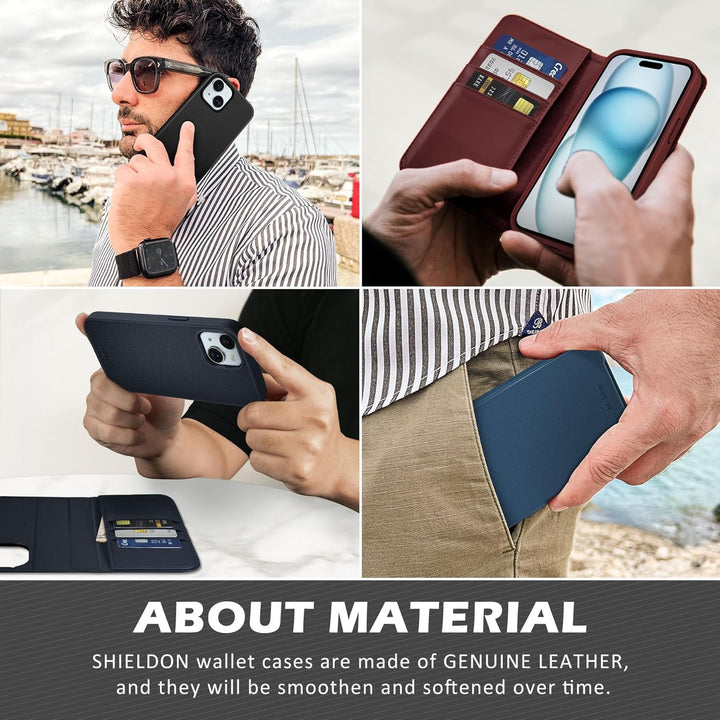 SHIELDON Hülle für iPhone 15, Echtleder Handyhülle [Abnehmbar] [kabelloses Laden] [Kartenfach] [Stän