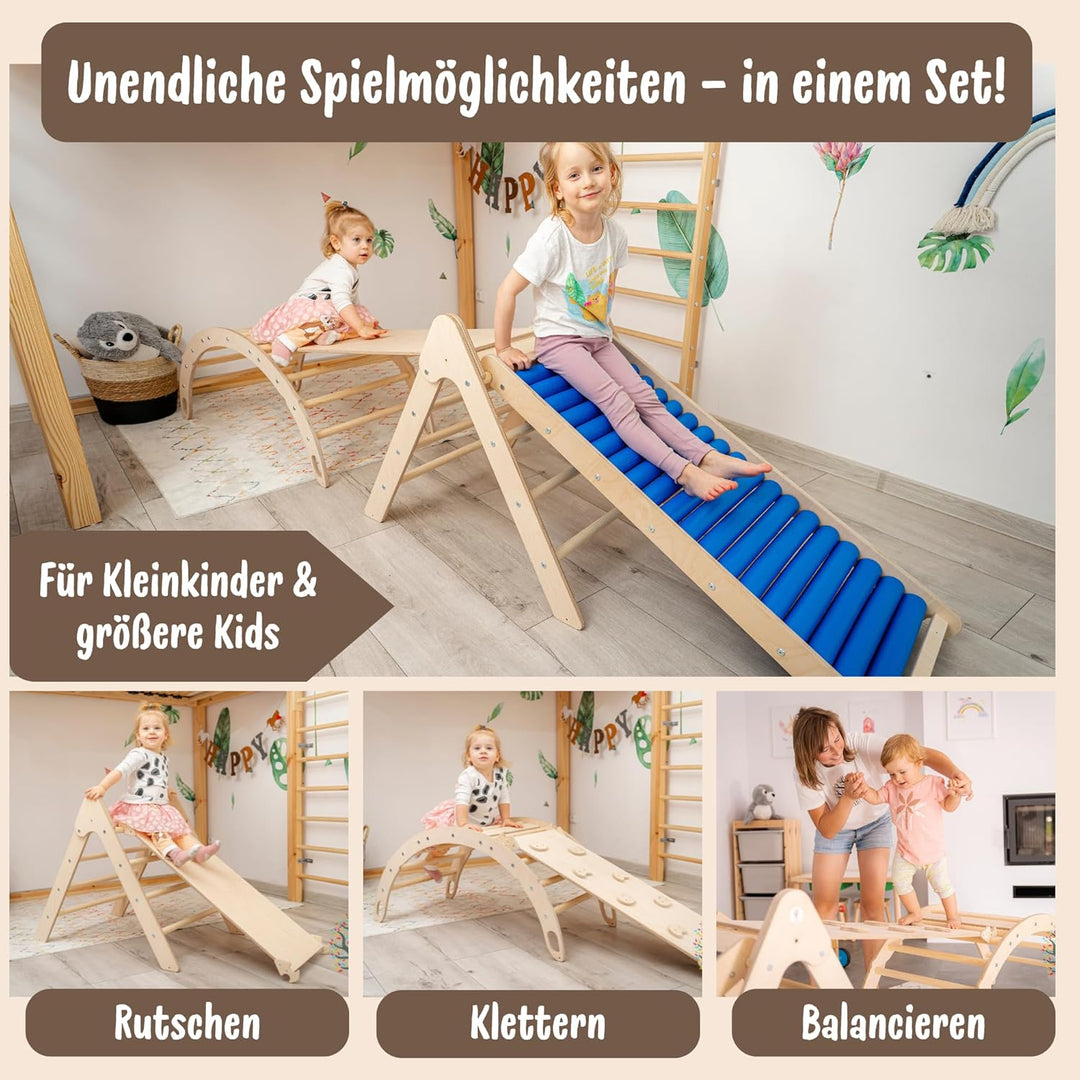 WoodsCraft 4in1 Set: Kletterdreieck mit Rutsche Indoor/Klettern Rampe, Rollenrutsche & Kletterbogen