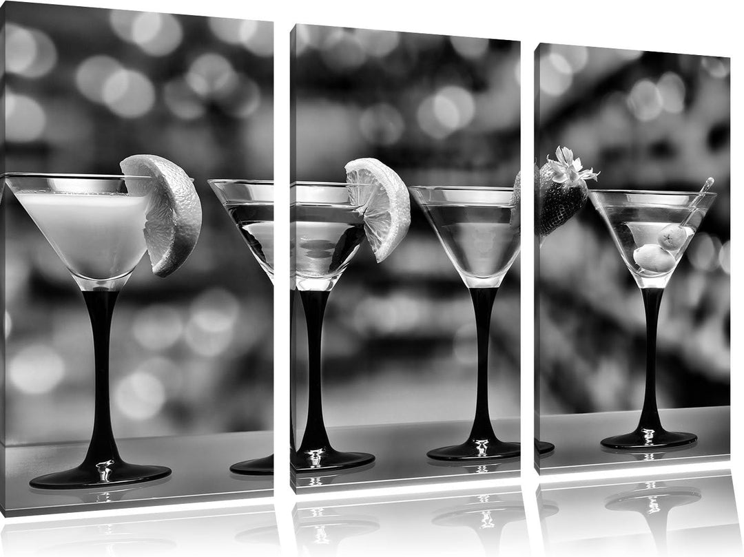 Pixxprint Monocrome, Vier Verschiedene exotische Martinis 3-Teiler Leinwandbild 120x80 Bild auf Lein