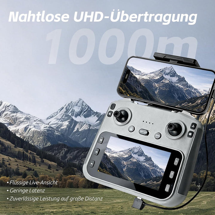 GPS Drohne mit Kamera 4K (EIS), 4,5 Zoll Bildschirm, bürstenloser Motor, 3 Akkus (90 min), Auto-Rück