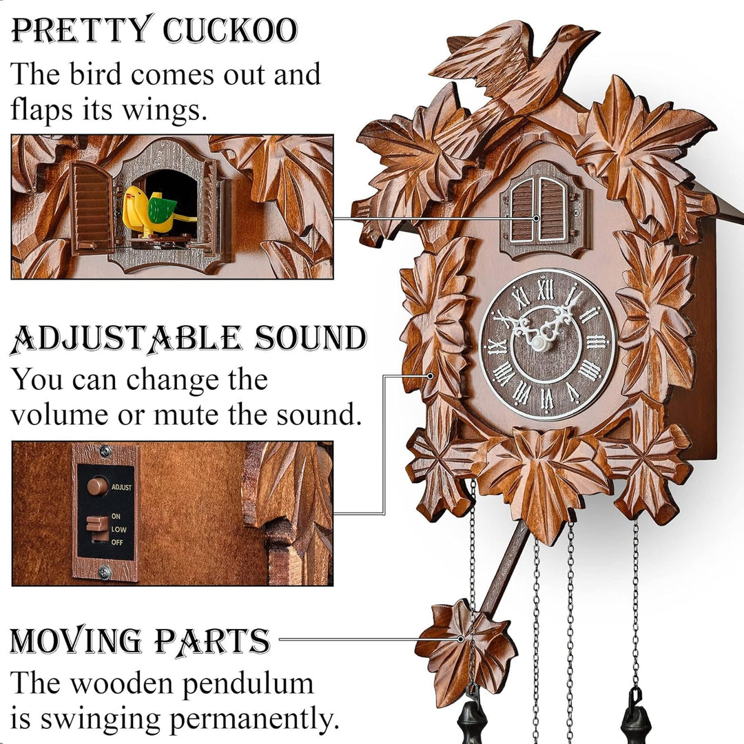 TIMEGEAR Kuckucksuhr mit Nachtmodus, handgeschnitzte Dekorationen und schwingendes Pendel (braun), B