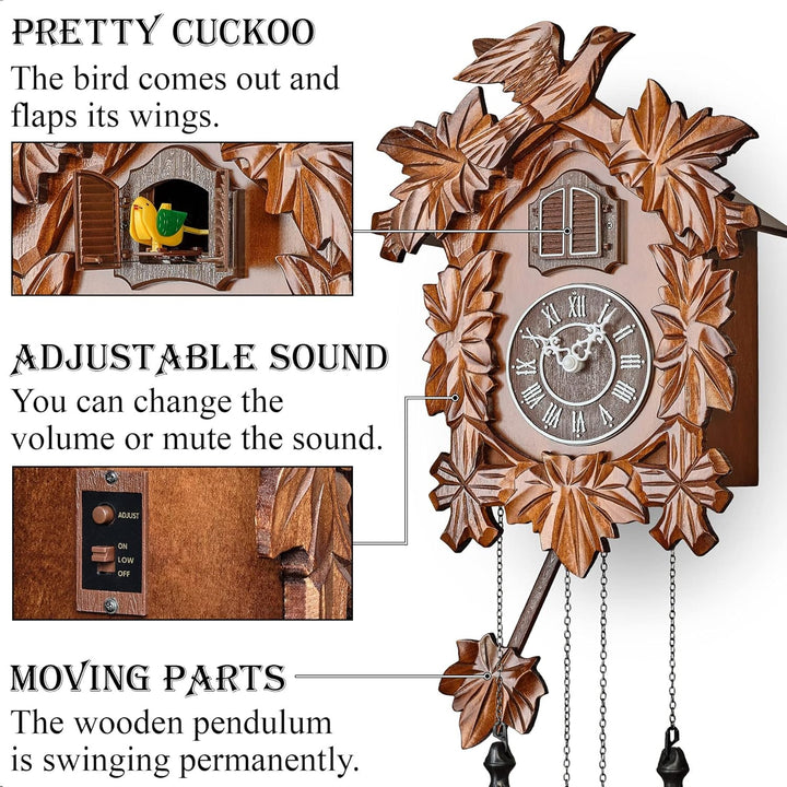 TIMEGEAR Kuckucksuhr mit Nachtmodus, handgeschnitzte Dekorationen und schwingendes Pendel (braun), B