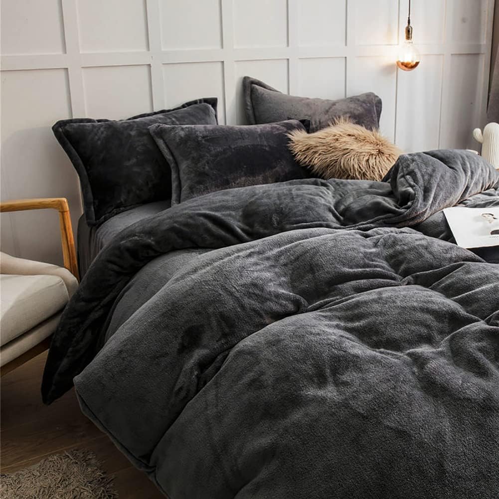 Omela 4 Teilig Warm Fleece Winter Bettwäsche 135x200 Dunkelgrau Cashmere Touch Plüsch Bettbezug mit