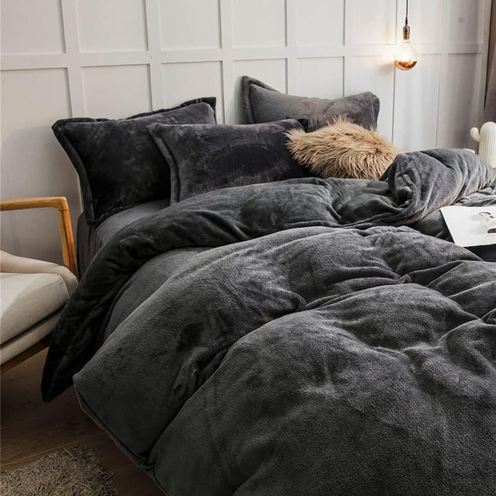 Omela 4 Teilig Warm Fleece Winter Bettwäsche 135x200 Dunkelgrau Cashmere Touch Plüsch Bettbezug mit
