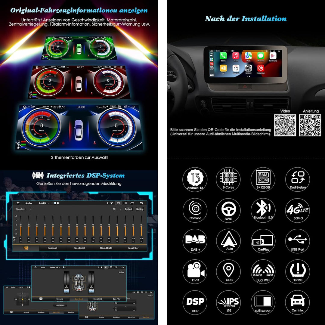 10,25 Zoll Acht-Kern Android 13 DAB+ Autoradio Für Audi Q5 mit GPS Navigation Unterstützt Drahtlos C