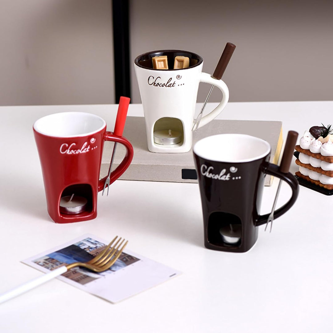 Schokoladen-Fonduetasse mit Gabeln, 130 ml, Schokoladenschmelzbecher, Keramik-Butterwärmer, Set, per