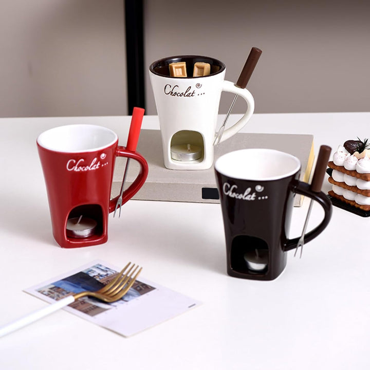 Schokoladen-Fonduetasse mit Gabeln, 130 ml, Schokoladenschmelzbecher, Keramik-Butterwärmer, Set, per