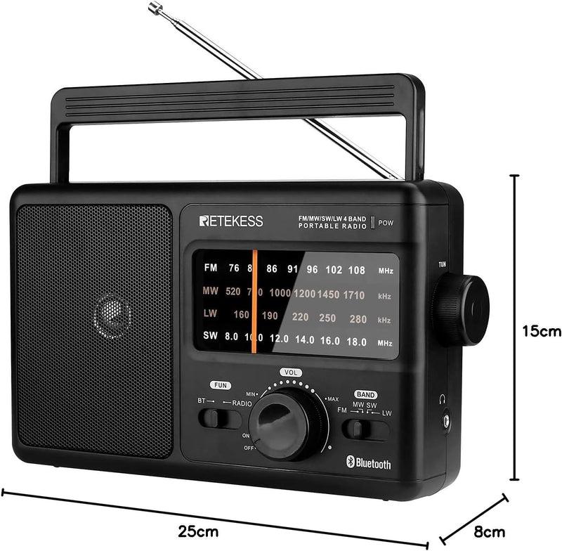 Retekess TR626 Tragbares Radio Batteriebetrieben,Weltempfänger Radio FM MW LW SW,Bluetooth,Grossem L