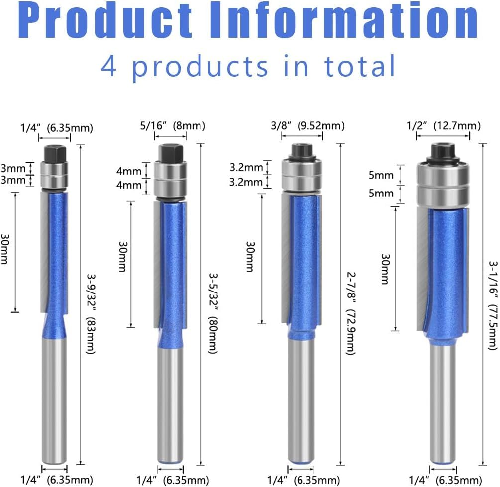 4 Stück Bündigfräser 6mm Schaft, Bündigfräser Fräser Set, Doppelseitiger Fräser mit Lagern, Blauer B