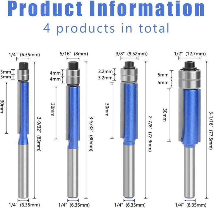 4 Stück Bündigfräser 6mm Schaft, Bündigfräser Fräser Set, Doppelseitiger Fräser mit Lagern, Blauer B