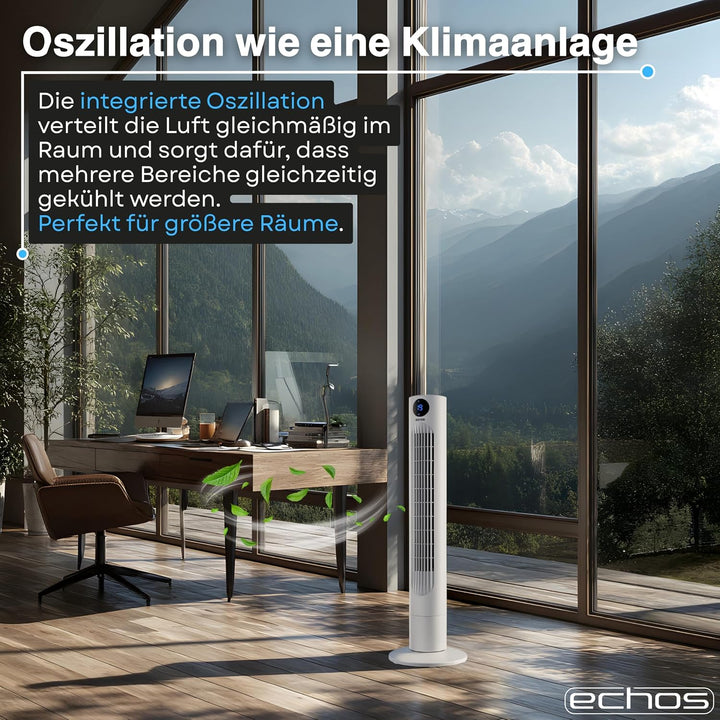 Echos Turmventilator | Ventilator sehr leise | Fernbedienung | Oszillierend | LED-Display | 3 Stufen