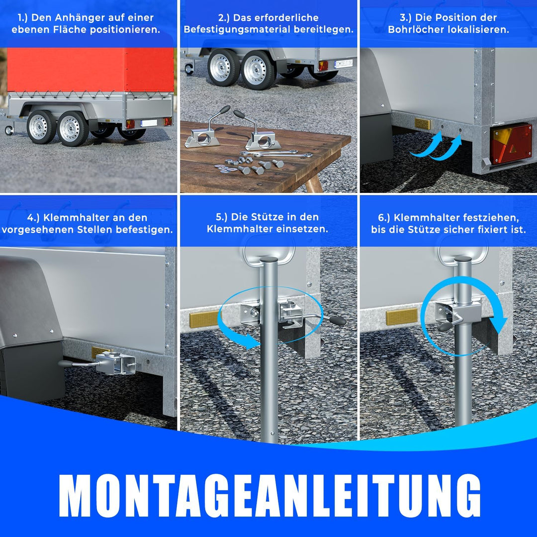 AUTOLIGHT 24 2 x Anhänger Stützen mit Klemmschellen und Schrauben Set Anhängerstützen mit Halterung