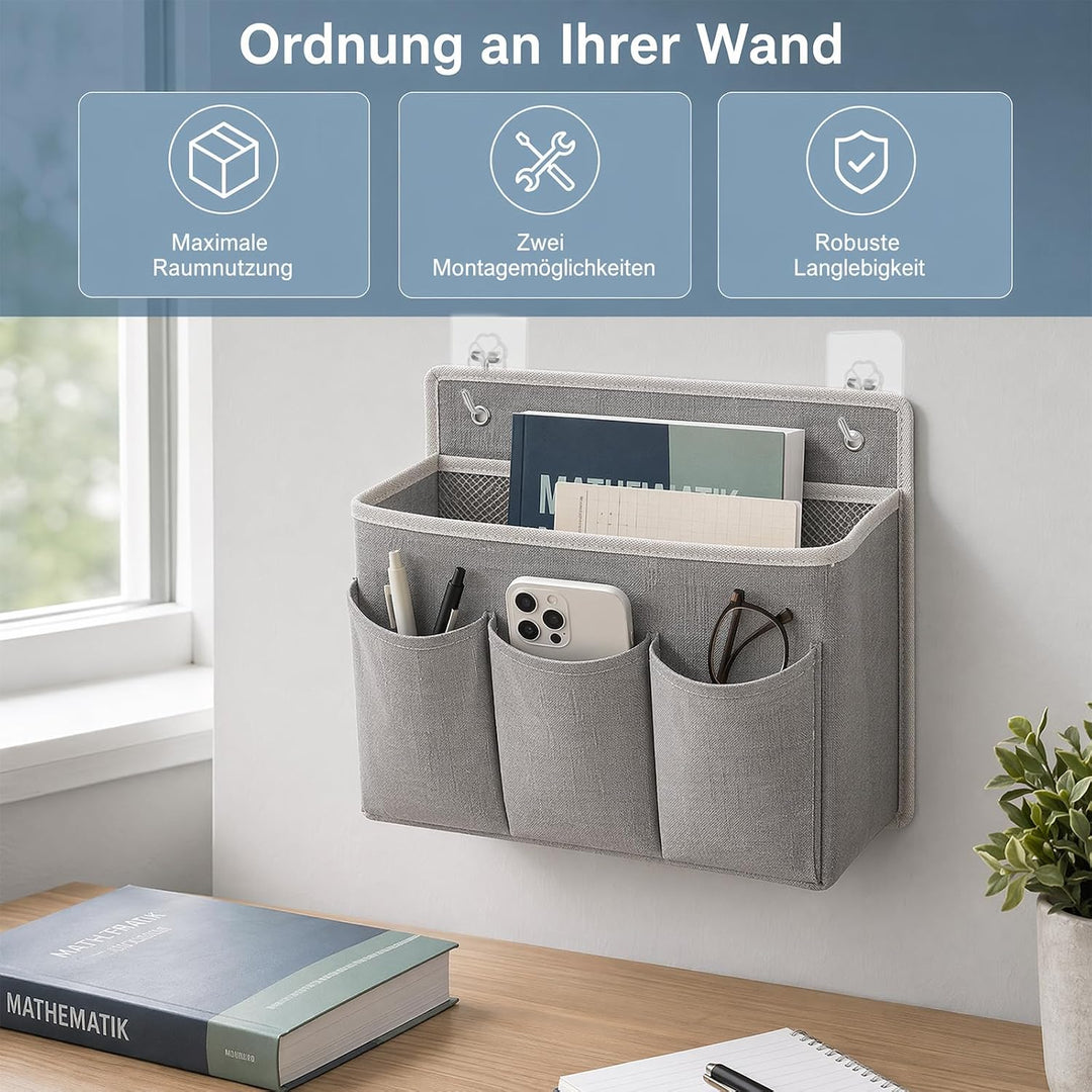 ZYNERY 3 Stück Hängeorganizer Grau mit 3 Taschen, Hängeorganizer Camping, 6 Selbstklebehaken + 6 Nor