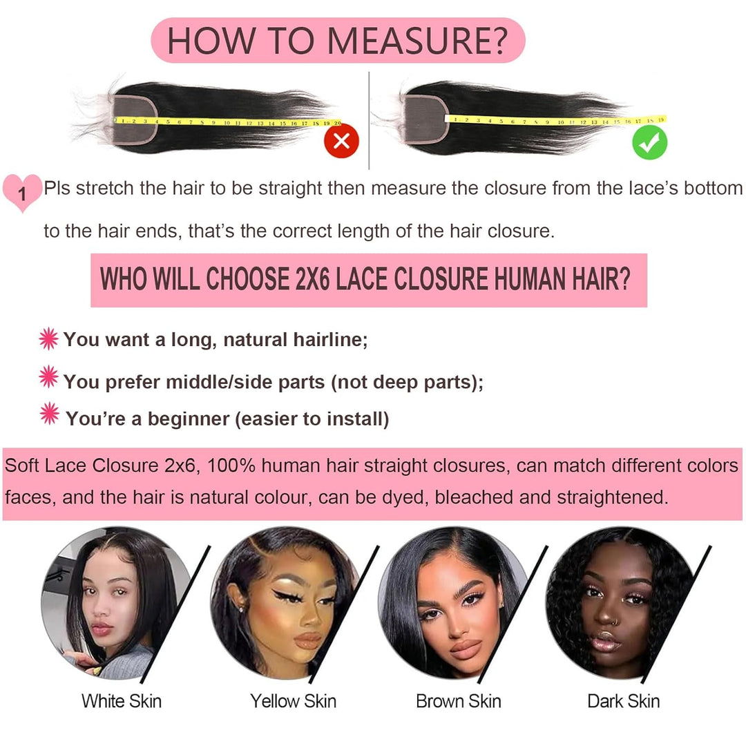 Huarisi 2x6 Closure Human Hair 12 Inch Brazilian Virgin Body Wave Free Part Closure with Baby Hair S