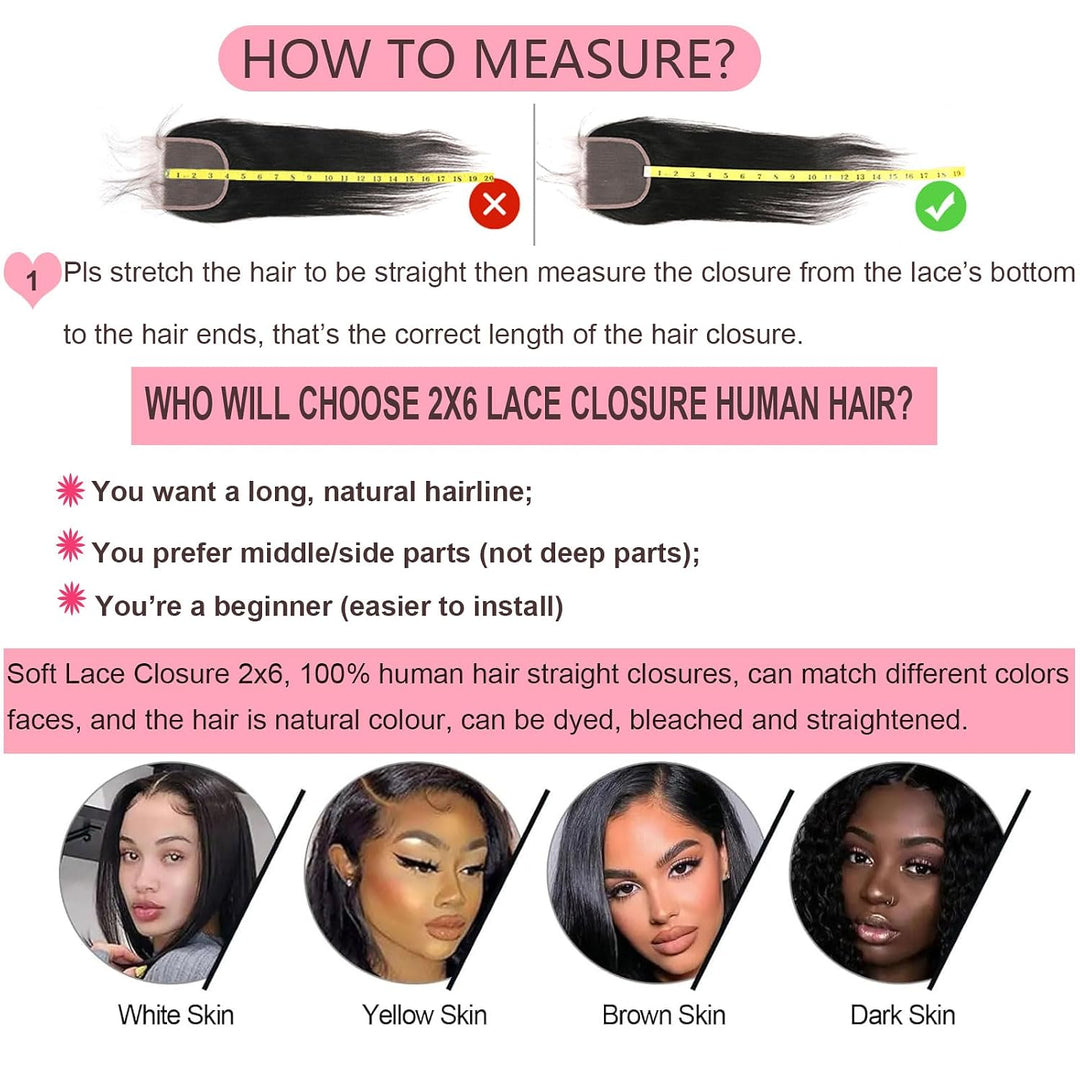Huarisi 2x6 Closure Human Hair 12 Inch Brazilian Virgin Straight Free Part Closure with Baby Hair Sw
