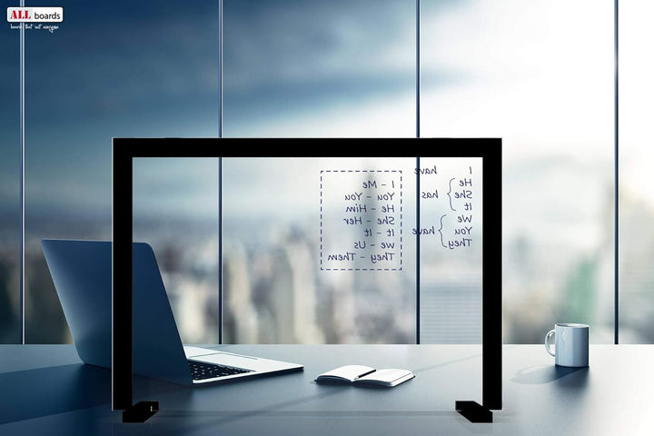 ALLboards Spuckschutz 90x60cm Schwarzer Rahmen, gehärtetes Glas 4mm, Antibakteriell & Virenschutz, H