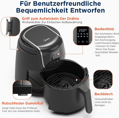 Midea MF-CN40C2 Heissluftfritteuse 4L, Ölfreie Airfryer 1500W, 8 Vorprogrammierte Kochmodi, 35-200℃,