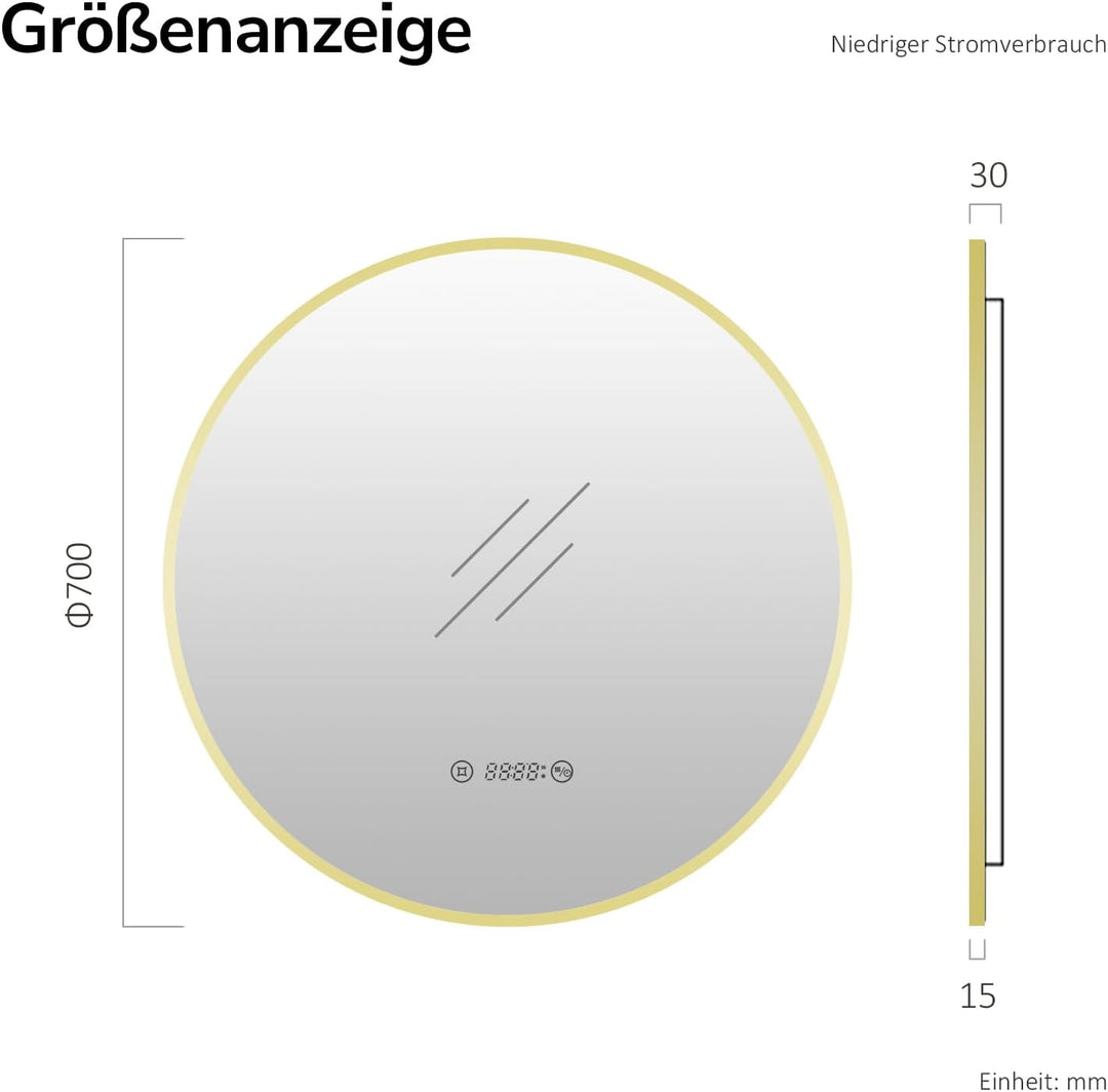EMKE LED Badspiegel Rund Spiegel mit Beleuchtung ф70cm Gebürstetem Goldrahmen LED Badezimmerspiegel
