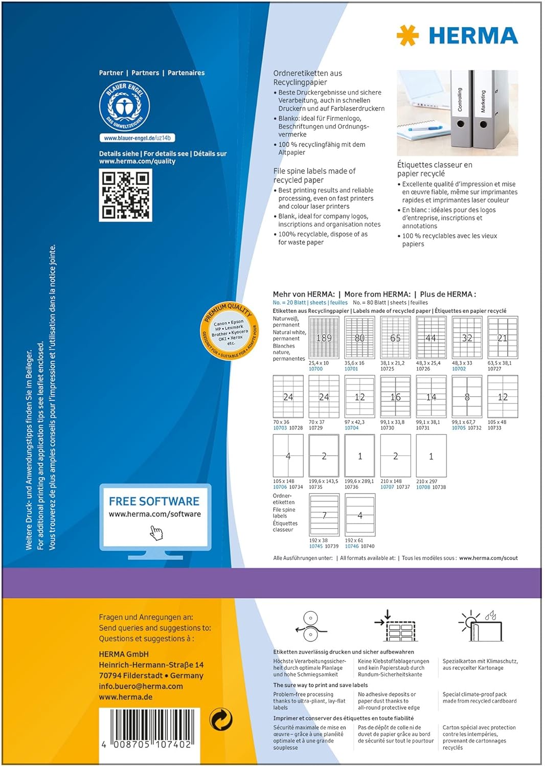 HERMA 10740 Recycling Ordnerrücken Etiketten kurz breit, 80 Blatt, 192 x 61 mm, 4 pro A4 Bogen, 320