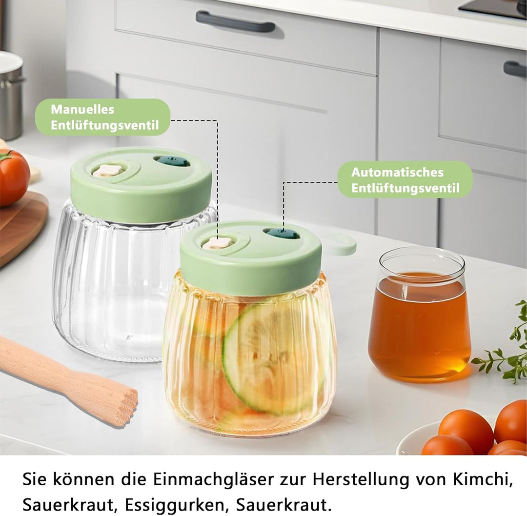 2 Stück 1L Fermentiergläser mit Doppelventil, Luftdichte Einmachgläser aus Glas, Fermentierglas, Fer