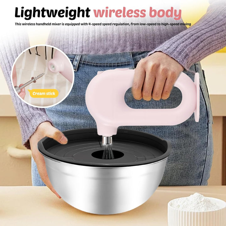 Elektrischer Handmixer: Rosa Handrührgerät mit 4 Stufen, Kabelloser Mixer Handrührer mit 2 Edelstahl