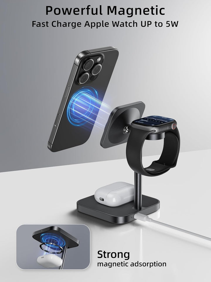 LULULOOK Qi2 Magsafe Ladestation 3 in 1, Aluminium Apple Watch und iPhone Magsafe Ladegerät mit 15W