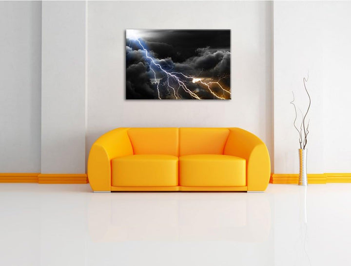 Blitze am Himmel schwarz/weiss Format: 100x70 auf Leinwand, XXL riesige Bilder fertig gerahmt mit Ke