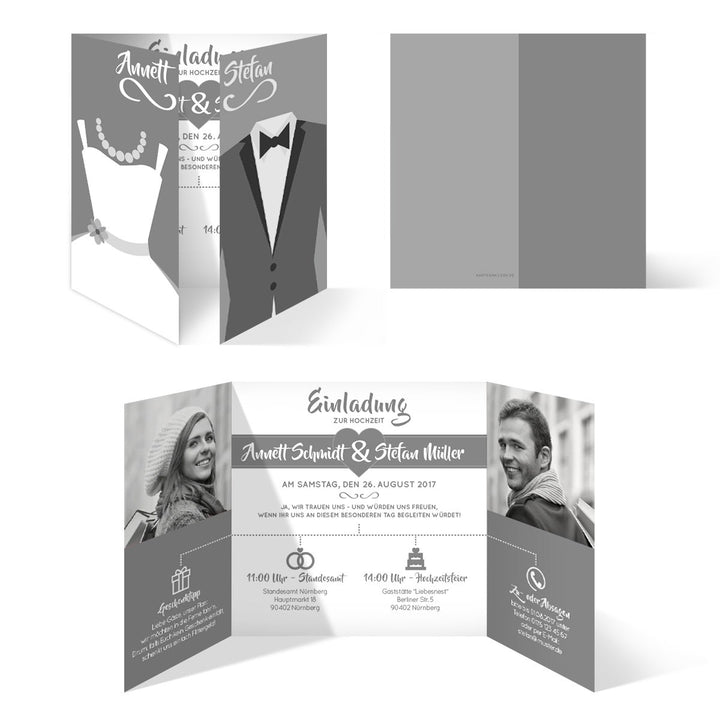Hochzeitseinladungen (30 Stück) - Braut und Bräutigam Altarfalz - Hochzeitskarten in Grau