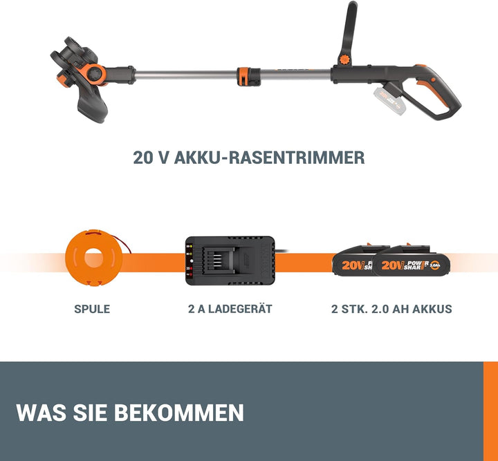 WORX WG163E Akku-Rasentrimmer und Kantenschneider Powershare 20V Li-Ion (inkl. 2X 2Ah Akkus und Lade
