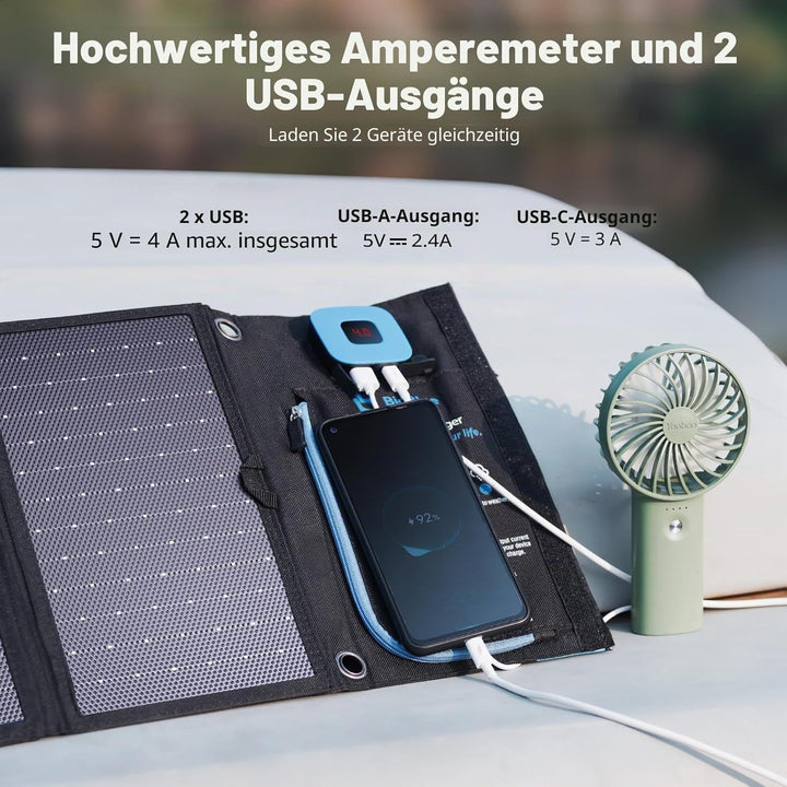 BigBlue 28W Tragbar Solar Ladegerät 2-Port USB(5V/4A insgesamt), IPX4, Solarpanel mit Digital Ampere