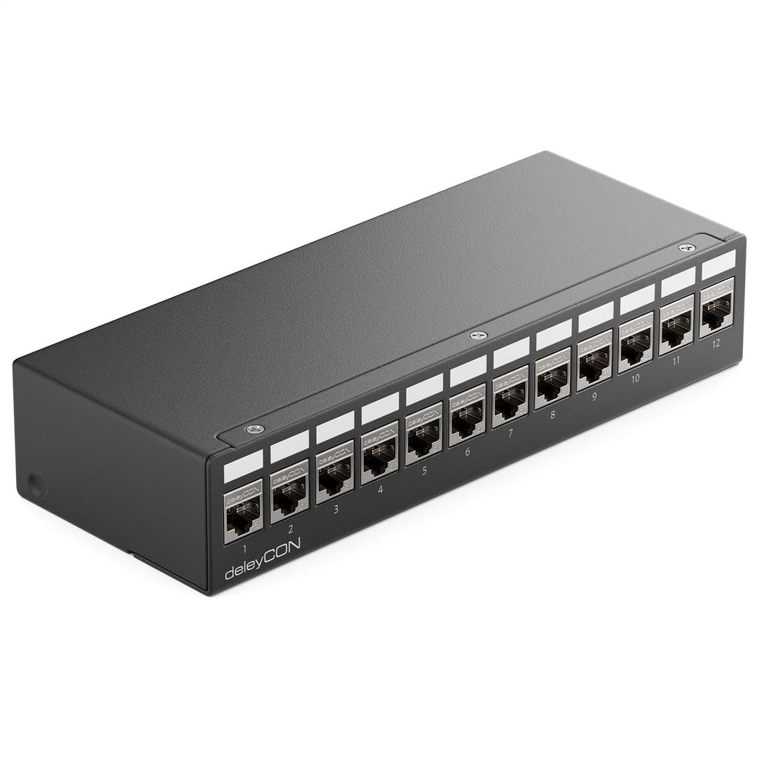 deleyCON 12 Port Patchpanel Set Patchfeld Verteilerfeld 1 HE + 12x RJ45 Keystone Jack Modul STP CAT6