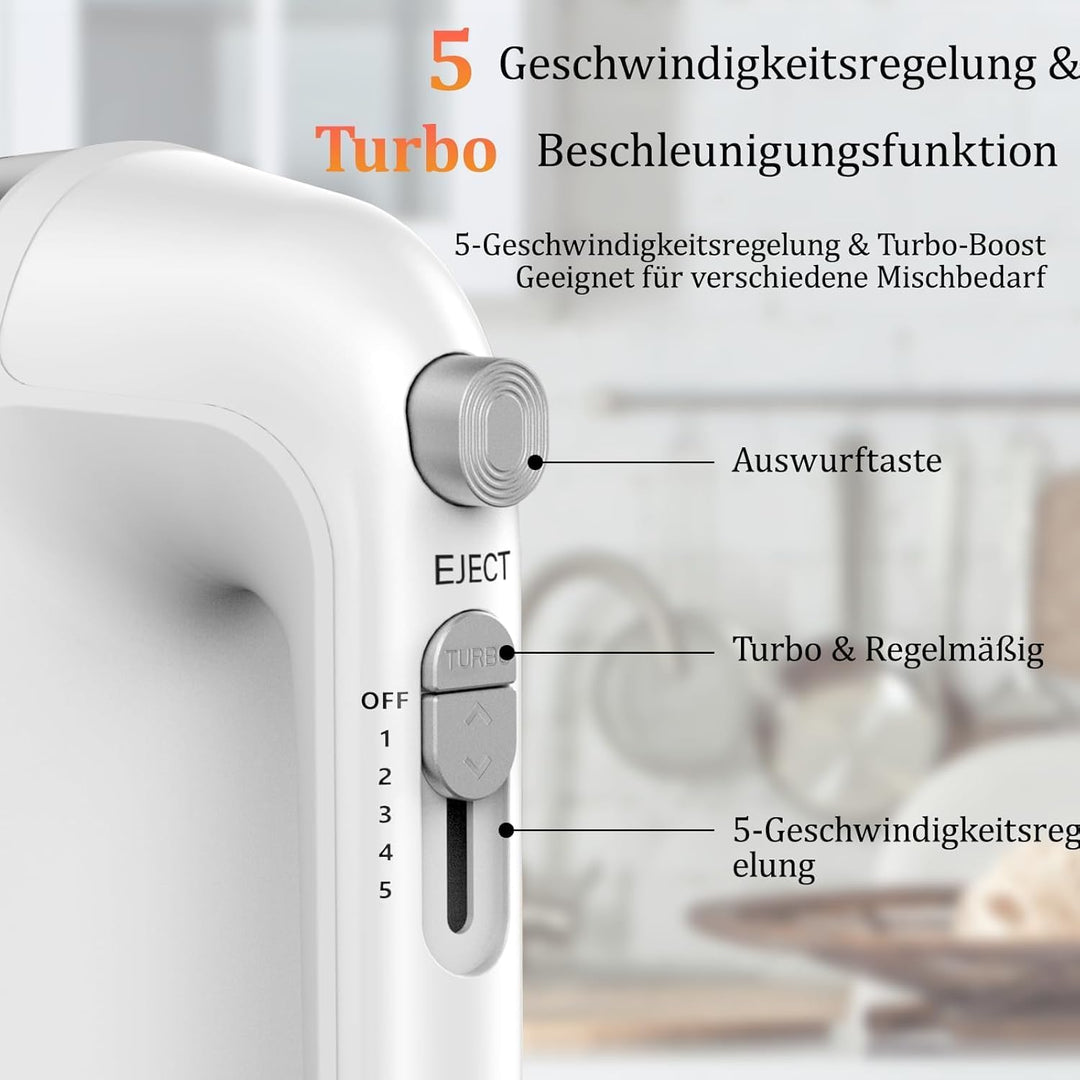 450W Elektro-Handmixer, 5-Gang-Handmixer mit Messbecher-aufbewahrung, 4* Edelstahl-Zubehör, Turbo-Bo