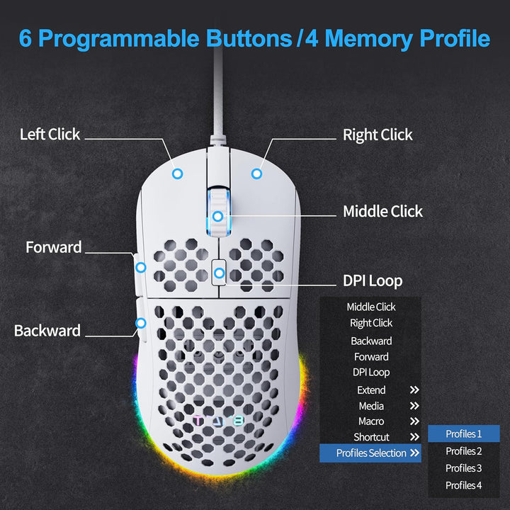 TMKB M1se Gaming Maus, USB, mit 12800 DPI Optischer Sensor,6 Programmierbare Tasten Wabenmaus,Anpass