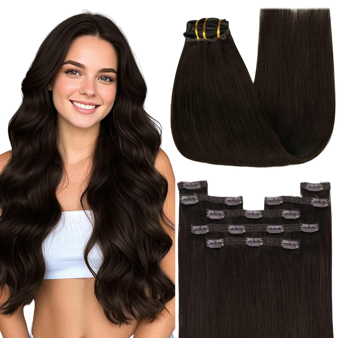 YoungSee Echthaar Extensions Clip Braun Clip in Extensions Echthaar Dunkelbraun 45 cm Clip in Extens