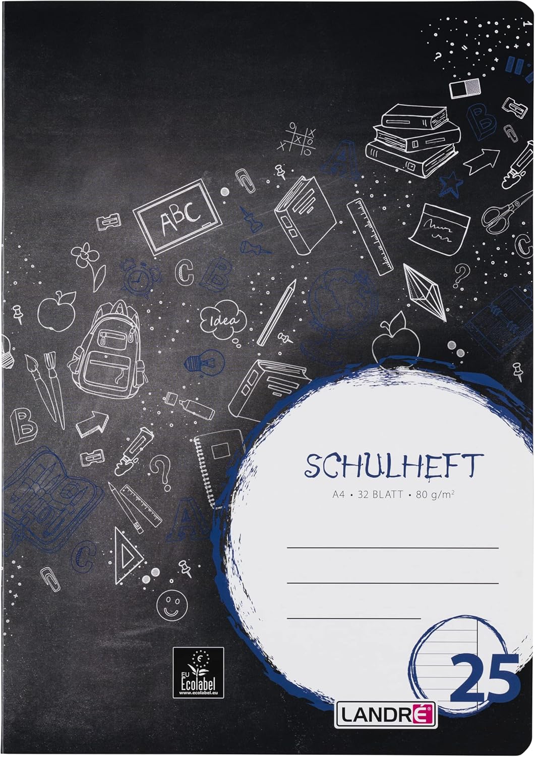 Landré Schulheft A4, 32 Blatt, Lineatur 25, liniert mit Rand, 10 Stück, Lineatur 25
