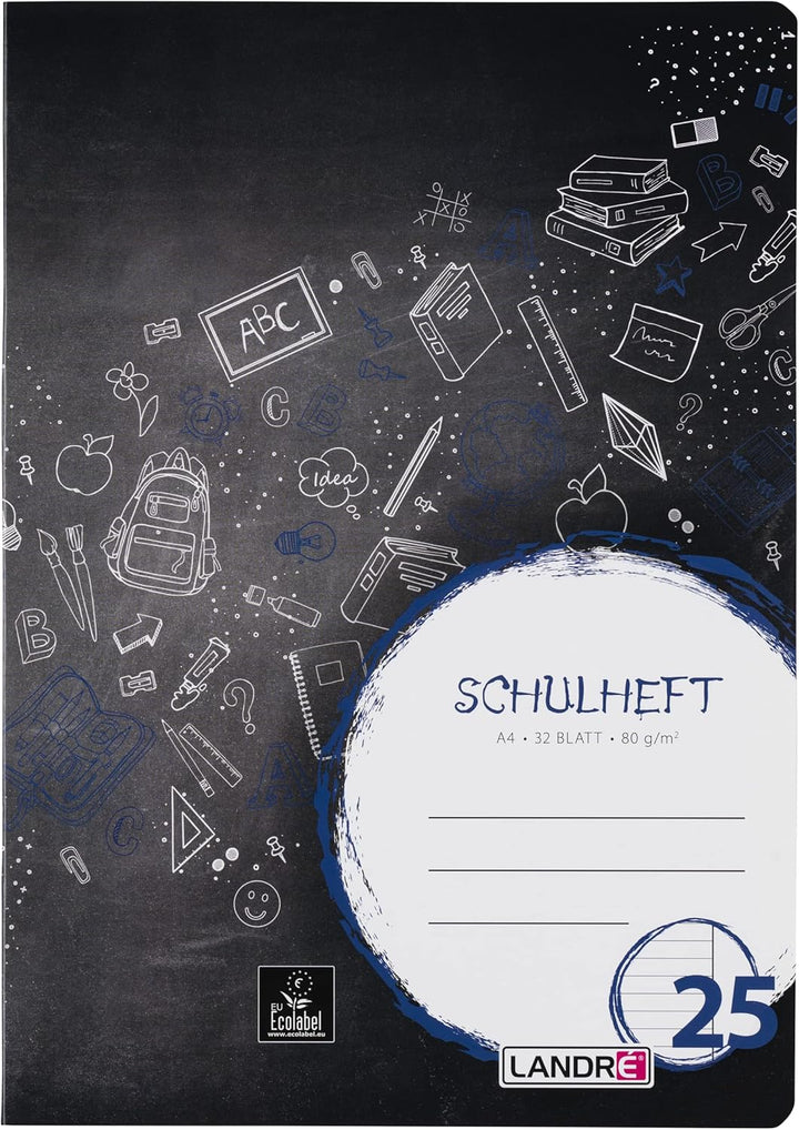 Landré Schulheft A4, 32 Blatt, Lineatur 25, liniert mit Rand, 10 Stück, Lineatur 25