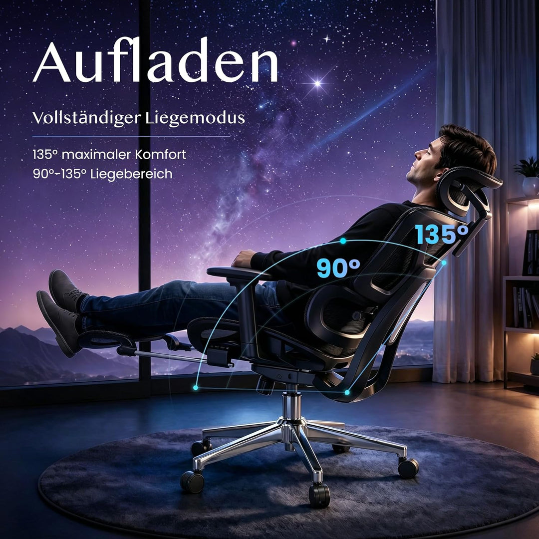 FLEXISPOT ErgoX Ergonomischer Bürostuhl mit Fussstütze Schreibtischstuhl, 3D-Armlehnen, 3D-Kopfstütz