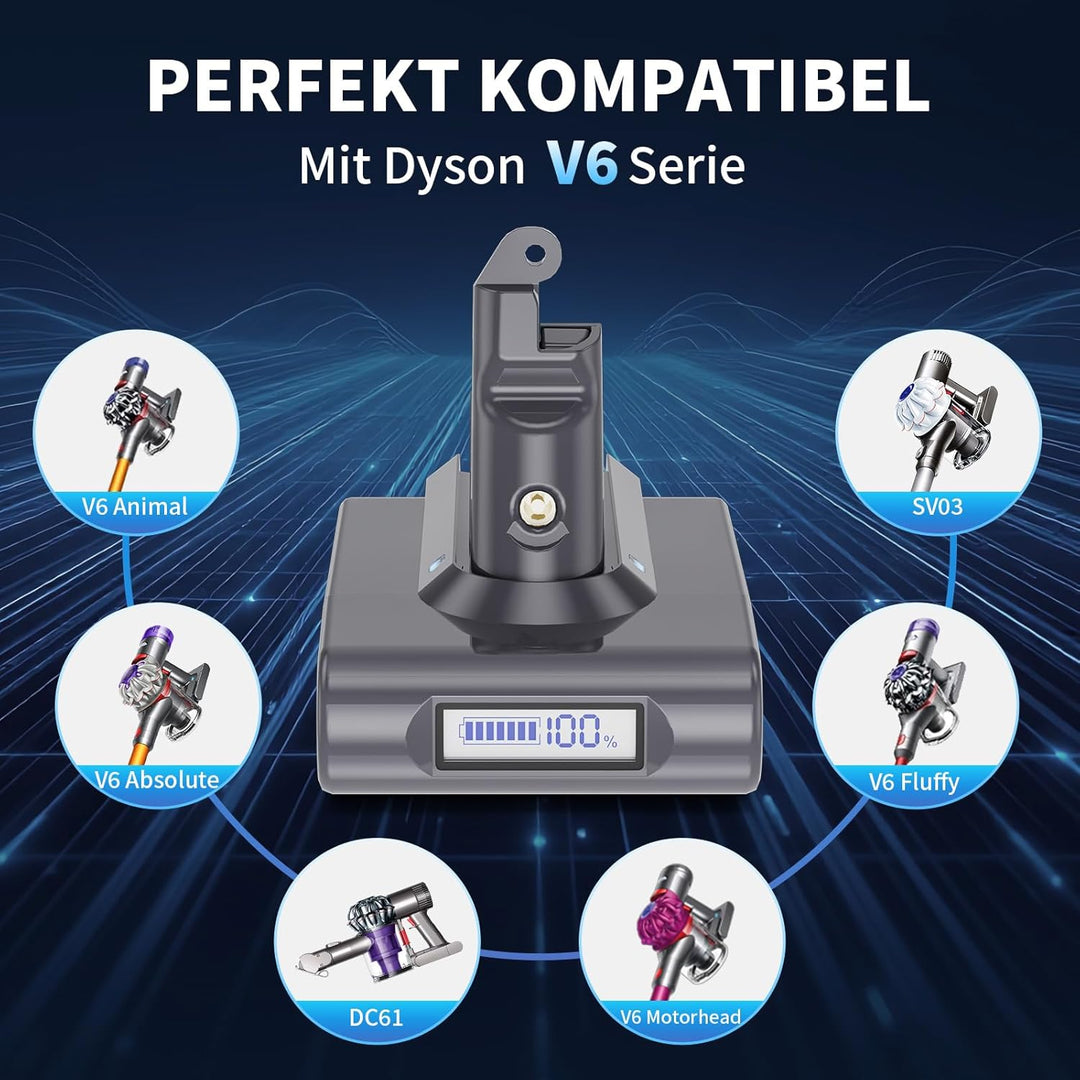 V6 Akku für Dyson, Ersatzakku für Dyson V6 Akku (LCD Display) | Kompatibel mit Animal Absolute Motor