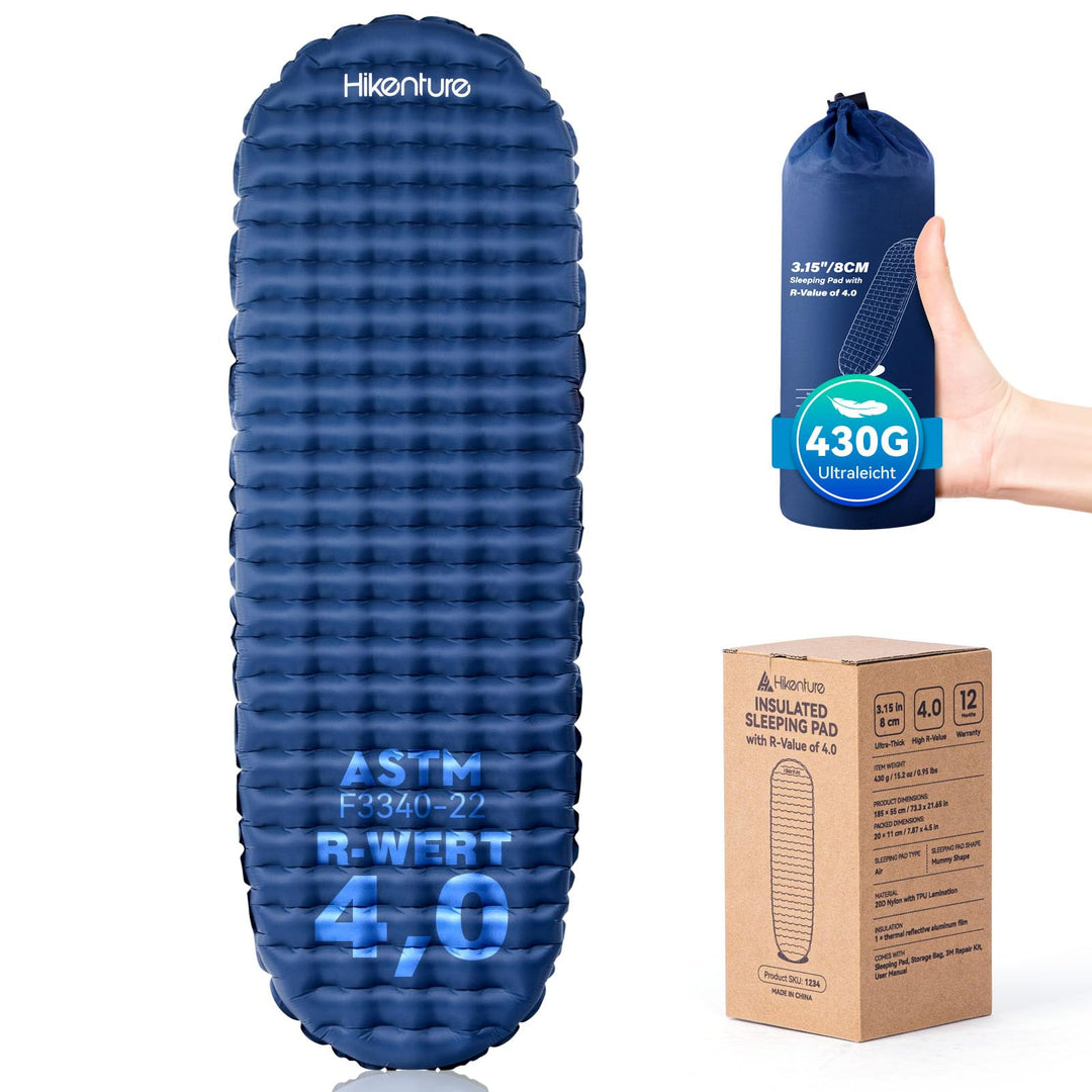HIKENTURE Isomatte Camping R-Wert 4, 430g Isomatte Ultraleicht, 8CM Ultradicke Warme Schlafmatte, Au