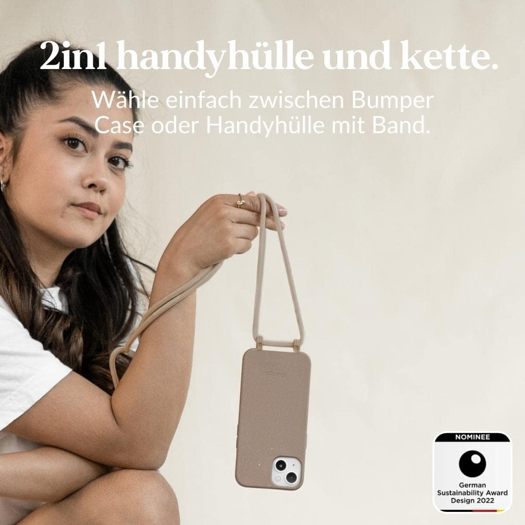 Woodcessories - Nachhaltige Handykette abnehmbar kompatibel mit iPhone 13 Mini Hülle mit Band beige