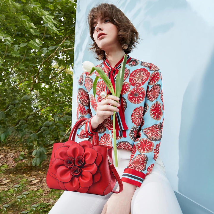 NICOLE &amp; DORIS Modische Damen-Umhängetasche, Handtasche, Umhängetasche, Blumenmotiv Rot, Rot