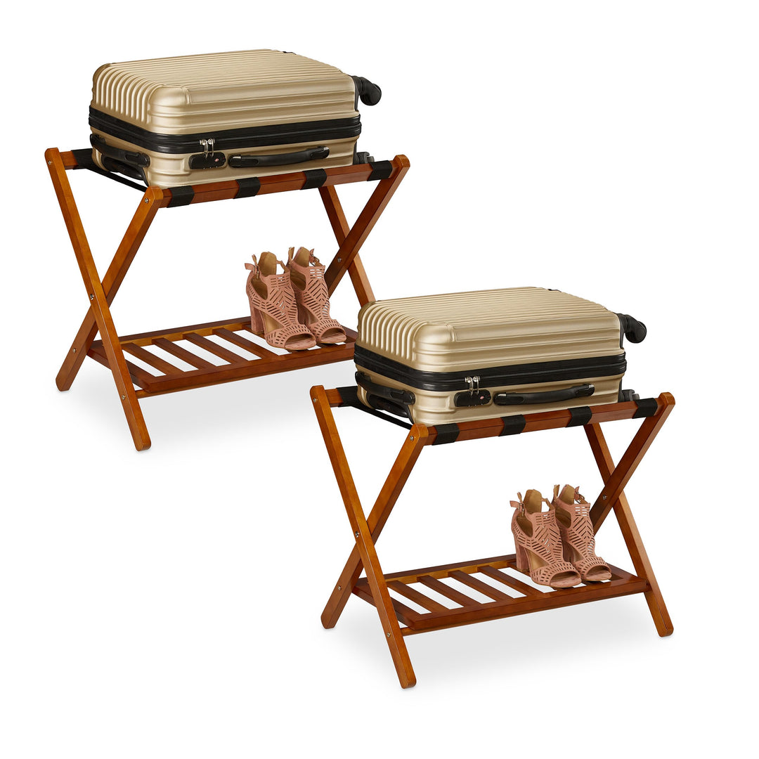 Relaxdays Kofferständer klappbar, 2er Set, Holz, H x B x T: 54 x 66 x 45 cm, 2 Ablagen, Kofferaufbew