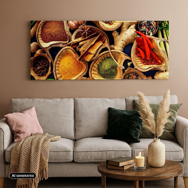 Wandbilder Dekoration Wohnzimmer Essen Kräuter Gewürze Panorama Bilder auf Leinwand 120x50cm Leinwan