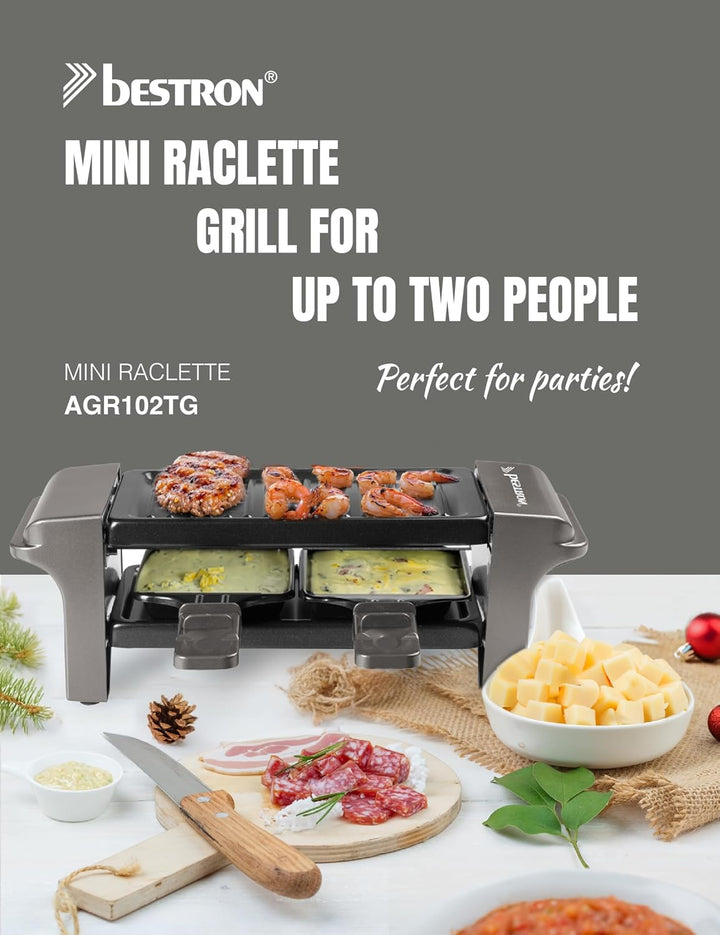 Bestron Raclette für 1 bis 2 Personen, Mini Tischgrill mit zwei Pfännchen, zwei Holzschabern &amp; zwei